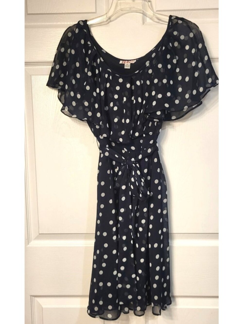 VTG Womens R&K Scoop Neck Blue Polka Dot Chiffon Dress 8P Belt Zip Close Lined